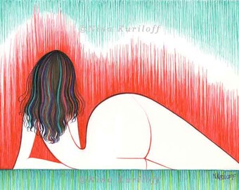 Sale - Original Wall Art Decor Drawing  Erotic Sexy Brunette Reclining Woman Female Nude figurative artwork