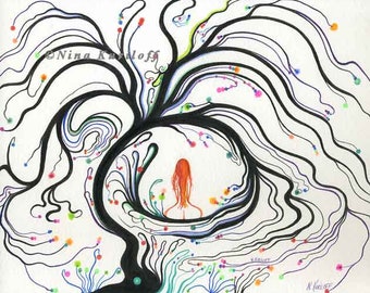 Original Wall Decor Bedroom Art Drawing Redhead Erotic Sexy Woman Zen Nude 2 Tree 10 x 8 inches