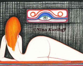 Original Wall Bedroom Art Drawing  Erotic Reclining Woman Female Nude figure Redhead red hair artwork