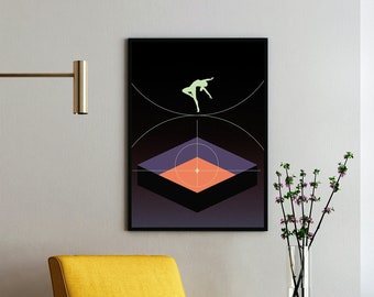 Puede incluir: Un sillón amarillo con un marco de metal negro se encuentra en una sala de estar con una lámpara de pie negra, un centro de entretenimiento blanco y una impresión enmarcada de un diseño geométrico con una persona saltando en el centro.