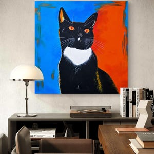 Modern Original Abstract Black Cat Wall Art, Colorful Print, Vibrant Minimalist Decor for Living Room Interior Painting Flumen Energy Flow