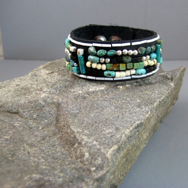 Leather turquoise bracelet, mans beaded turquoise and silver bracelet, tribal bracelet, free form beaded bracelet, turquoise and bone