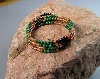 Four strand memory wire bracelet, malachite and copper adornment, freeze moon , snake, medicine wheel astrology, Native American regalia
