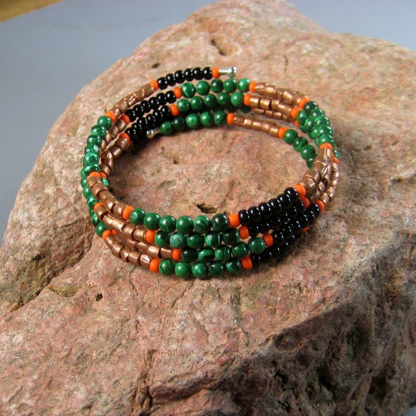 Four strand memory wire bracelet, malachite and copper adornment, freeze moon , snake, medicine wheel astrology, Native American regalia