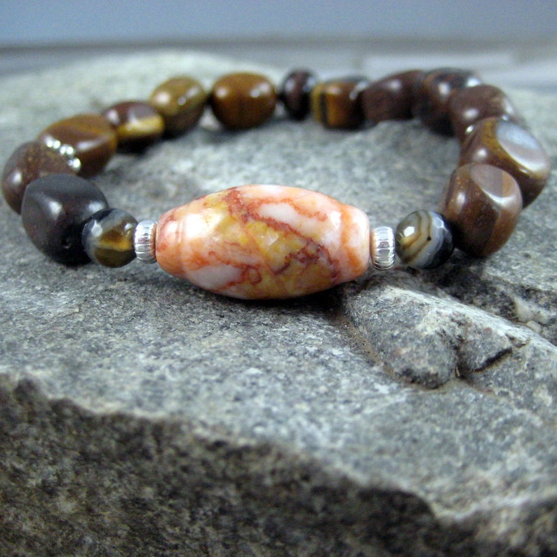 Mens beaded stretch bracelet with jasper and tigers eye, menswear, jewelry for men, Orange focal beaded bracelet, Masculine jewelry image 2