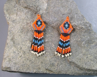 Native American Beaded Earrings, Brick stitched earrings in Red and Orange, fringed earrings, Bead work earrings, dangle earrings, For Her