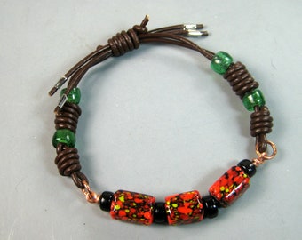 Beaded cord bracelet, Leather cord bracelet, Adjustable bracelet, Red and Green Beads, Beaded bangle, Bracelet for men, Minimalists bracelet