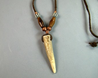 Primitive deer antler necklace, Native American pendant necklace, powwow regalia, hair pipe beads,