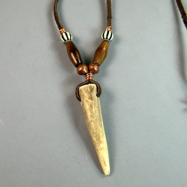 Primitive deer antler necklace, Native American pendant necklace, powwow regalia, hair pipe beads,