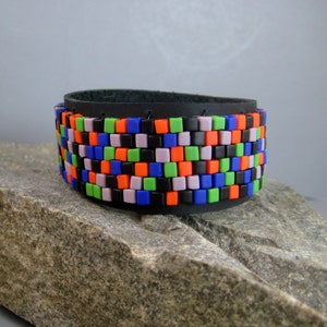 Beaded leather bracelet, multicolored beaded bracelet, mans black leather bracelet, colorful festive bracelet, mans leather cuff, boho cuff