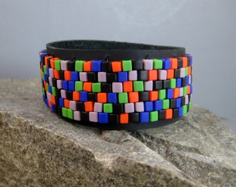 Beaded leather bracelet, multicolored beaded bracelet, mans black leather bracelet, colorful festive bracelet, mans leather cuff, boho cuff