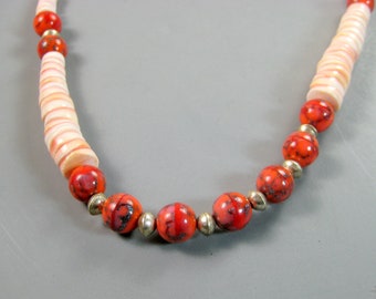 Ladies Beaded Necklace, Orange Necklace, Graduated Lip Shell Necklace, Czech Glass Coral Beaded Necklace, Womens fashions, Boho Necklace