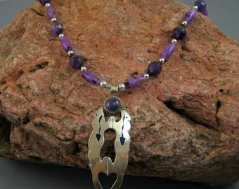 Native American Sterling Silver necklace, Sterling silver fox pendant, Beaded gemstone Necklace, Amethyst gemstones, Mens Necklace, Boho