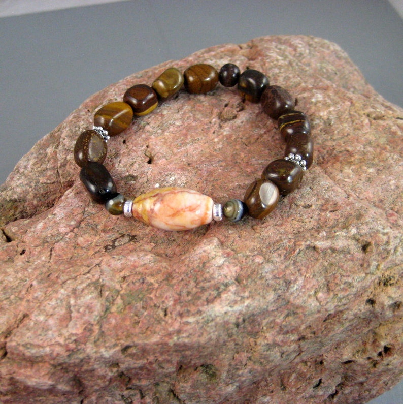 Mens beaded stretch bracelet with jasper and tigers eye, menswear, jewelry for men, Orange focal beaded bracelet, Masculine jewelry image 4