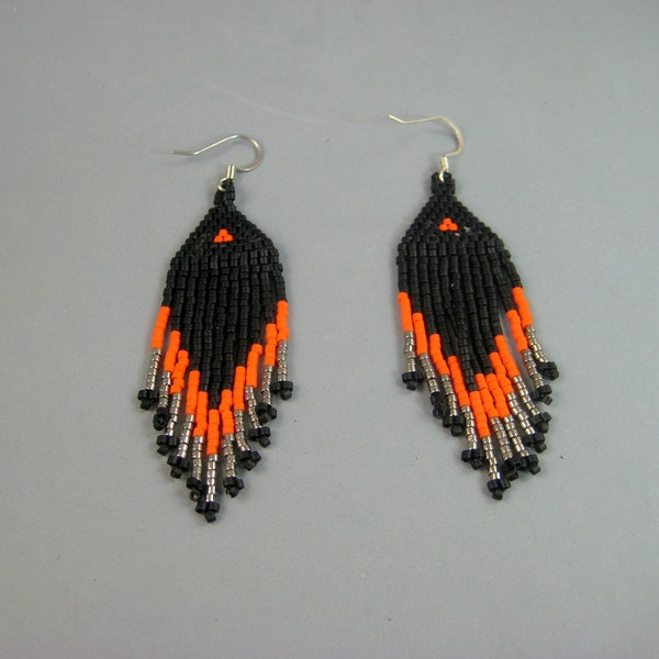Black, orange, and silver Native American style beaded earrings, brick stitched earrings, beaded earrings, pow wow earrings, boho jewelry,