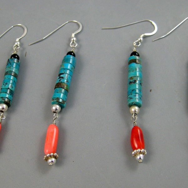 Turquoise, Coral, Sterling, Dangle Earrings, native American, Southwestern style,