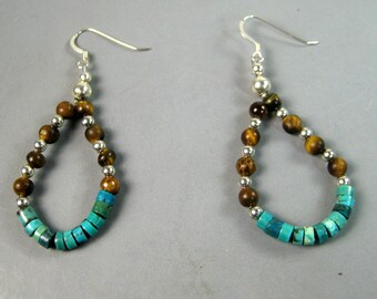 Native American Beaded Hoop Earrings, Turquoise and Tiger’s Eye Beaded Earrings, Teardrop Earrings. Tribal Earrings, Fashion  Earrings