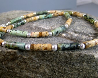 Earthy mens beaded necklace, rustic necklace, moss green and brown beaded necklace, African turquoise and picture jasper, biker necklace