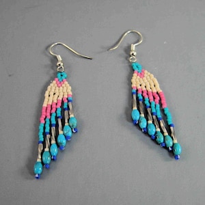 Festive Indian Weave Earrings, Wing pattern earrings, Pink and white adornment, Pow wow regalia, Turquoise jewelry, Sterling silver gift,