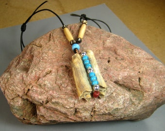 Primitive Buffalo Tooth Necklace, Native American Pendant Necklace, Powwow Regalia, Hair Pipe Beads, Turquoise Glass Beads, pow wow regalia