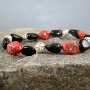 Statement Beaded Bracelet, Picasso glass beads, Black onyx and orange glass bead cuff, stacking stretch bracelet, for her
