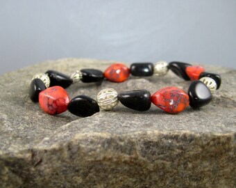 Statement Beaded Bracelet, Picasso glass beads, Black onyx and orange glass bead cuff, stacking stretch bracelet, for her