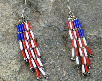 Patriotic Beaded Brick Stitched Earrings, red white blue earrings, hypoallergenic earrings, Colorful earrings, Beaded earrings, womens wear