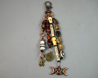 Wiccan Purse Adornment, Eye Bead, Key Chain Charm, Backpack Adornment, Pentagram Star, Skull Bones, Satanic charm