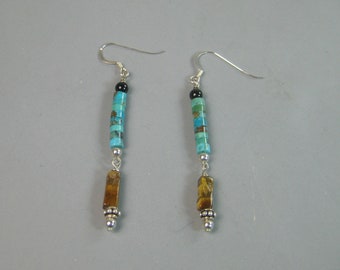 Native American Beaded drop Earrings, Turquoise and Tiger’s Eye Beaded Earrings, Dangle Earrings. Tribal Earrings, Fashion Earrings, For Her