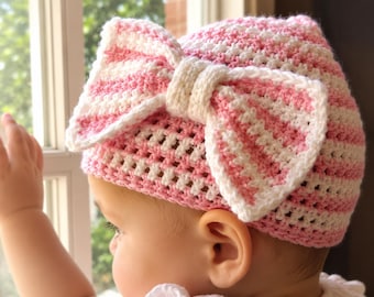 Baby Girl Crochet Hat Pattern, Striped Beanie with Big Bow (PDF)
