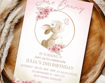 Floral Bunny Birthday Invitation, Some Bunny Party Invite, Any Age (Editable Canva Template)