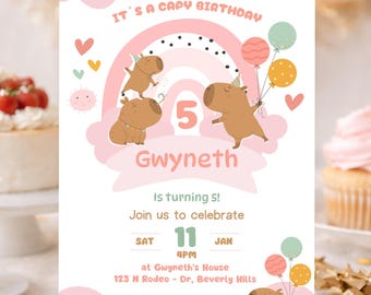 Capy Birthday Invitation: Cute Capybara Party Invite for Girls, Any Age (Editable Canva Template)