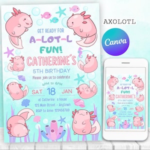 Convite de aniversário de axolote, convite fofo para festa de axolote rosa, convite de aniversário de axolote, qualquer idade | EDITÁVEL, para impressão, download instantâneo