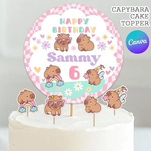 Capybara Cake Topper, Cute Floral Pink Girls Capybara Cake Decorations, Capybara Party Supplies | Canva EDITABLE Printable Instant Download