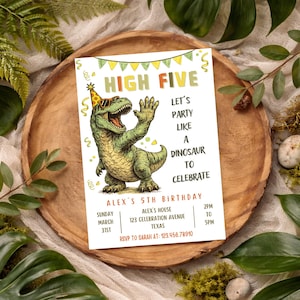 High Five Birthday Invitation: Five a Saurus Dinosaur 5th Party Invite (Editable Canva Template)