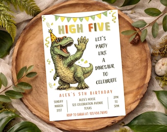 Invito per il 5° compleanno a tema dinosauri "High Five": Invito per la festa di compleanno del bambino "FIVE A SAURUS" (Modello Canva modificabile)