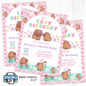Capybara Birthday invitation, Cute Floral Pink Girls Capybara Party Invite, Spring Capy Birthday