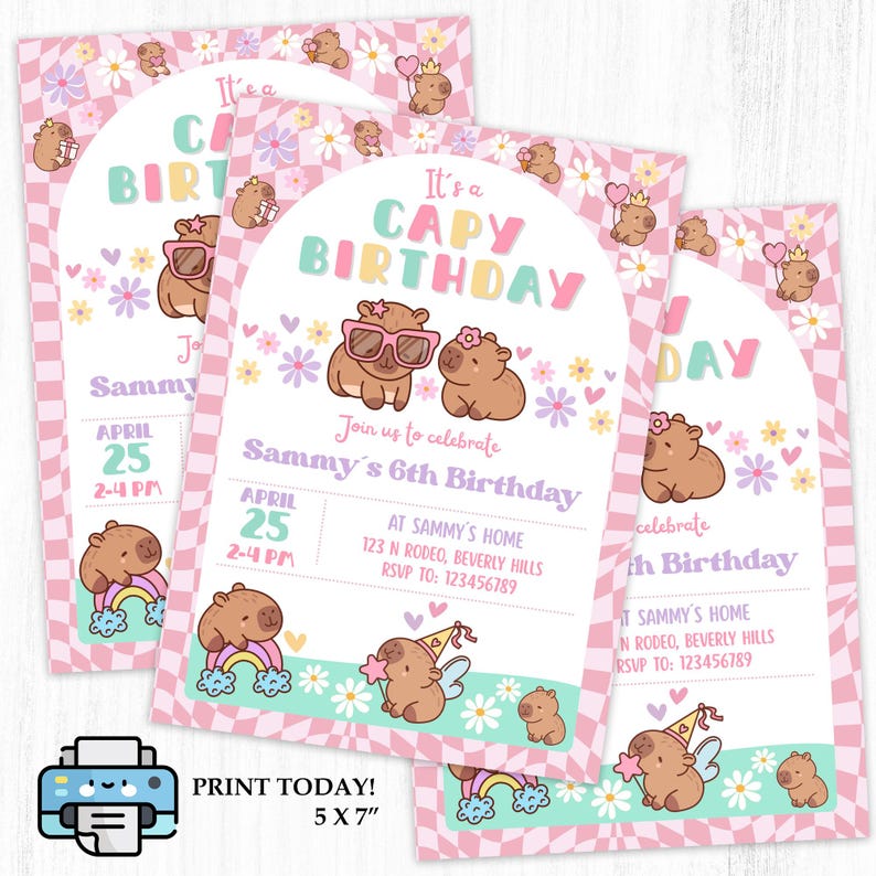Capybara Birthday invitation, Cute Floral Pink Girls Capybara Party Invite, Spring Capy Birthday