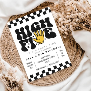 May include: A white invitation with a black and yellow "High Five" design for Alex's 5th birthday. The invitation includes the party details: date, time, location, and RSVP information. The border has a black and white checkered pattern.