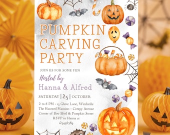 Puede incluir: Una invitación rectangular para una fiesta de Halloween con ilustraciones en acuarela de calabazas naranjas, murciélagos, telarañas y dulces. El texto dice PUMPKIN CARVING PARTY, JOIN US FOR SOME FUN, HOSTED BY HANNA & ALFRED, 25 OCTOBER.