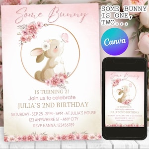 Verjaardagsuitnodiging konijn, roze meisjes bloemencoquette Bunny feestuitnodiging, 2e verjaardag, elke leeftijd | Canva bewerkbaar afdrukbaar Direct downloaden