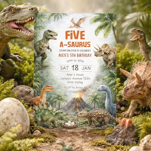 Five a Saurus-verjaardagsuitnodiging, dinosaurusfeestuitnodiging voor jongen, elke leeftijd (bewerkbare canva-sjabloon)