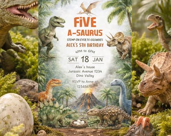 Five a Saurus Birthday Invitation, Dinosaur Party Invite For Boy, Any Age (Editable Canva Template)
