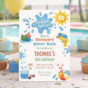 Invito di compleanno con pistola ad acqua, invito per festa estiva con spruzzi d'acqua per bambini, invito per festa in giardino con acqua / Download di istruzioni stampabili modificabili da Canva