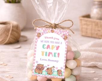 Capybara Thank You Cards, Cute Floral Pink Girls Capybara Thank You Note, Capybara Party Supplies | Canva EDITABLE Printable Instan Download