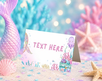Plantilla editable de etiquetas para comida con temática de sirenas: Decoración para fiesta de cumpleaños bajo el mar (Canva, descarga digital)