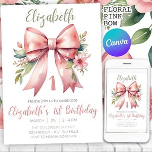 Invitación de cumpleaños con lazo rosa, invitación para fiesta con lazo floral de acuarela, invitación de coqueta con lazo rosa, para cualquier edad / Canva editable e imprimible. Descarga instantánea.