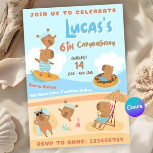 Summer Capybara Birthday invitation, Cute Boy Capybara Summer Bash Invite, Pool Party Invite | Canva EDITABLE Printable Instant Download