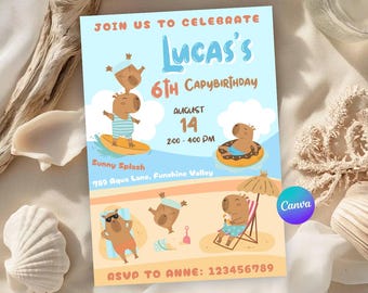 Summer Capybara Birthday invitation, Cute Boy Capybara Summer Bash Invite, Pool Party Invite | Canva EDITABLE Printable Instant Download