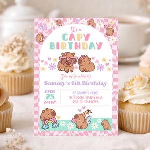 Capybara Birthday invitation, Cute Floral Pink Girls Capybara Party Invite, Spring Capy Birthday